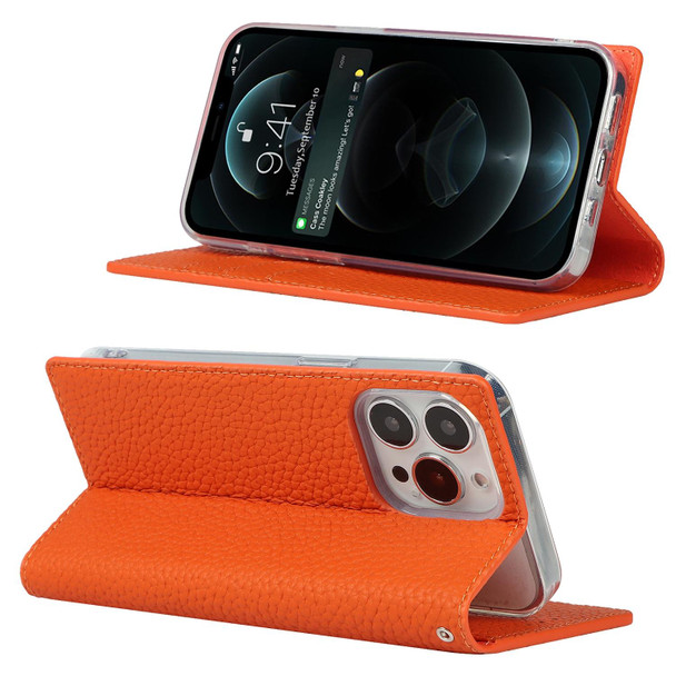 Litchi Texture Genuine Leather Phone Case With Lanyard & Holder & Card Slots & Wallet - iPhone 13 Pro Max(Orange)