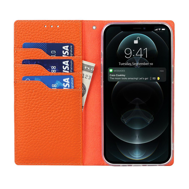 Litchi Texture Genuine Leather Phone Case With Lanyard & Holder & Card Slots & Wallet - iPhone 13 Pro Max(Orange)