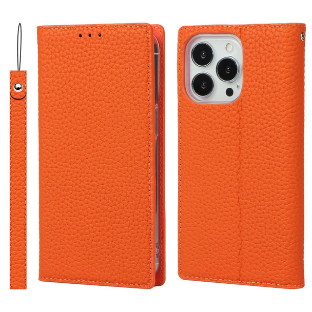 Litchi Texture Genuine Leather Phone Case With Lanyard & Holder & Card Slots & Wallet - iPhone 13 Pro Max(Orange)