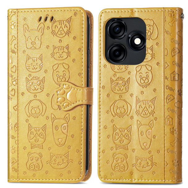 For Tecno Camon 18i Cat and Dog Embossed Leatherette Phone Case(Yellow)