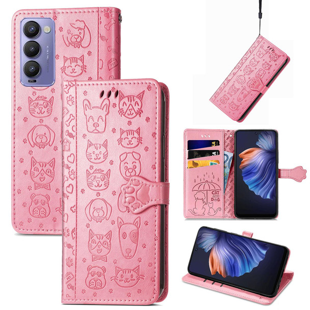 For Tecno Camon 18 Cat and Dog Embossed Leatherette Phone Case(Pink)