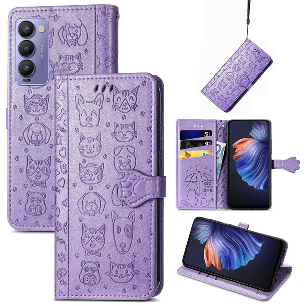 For Tecno Camon 18 Premier Cat and Dog Embossed Leatherette Phone Case(Purple)