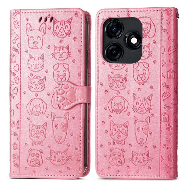 For Tecno Camon 18i Cat and Dog Embossed Leatherette Phone Case(Pink)