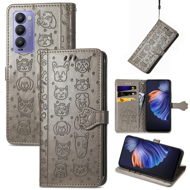For Tecno Camon 18 Cat and Dog Embossed Leatherette Phone Case(Gray)