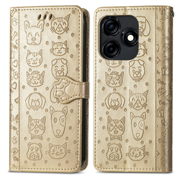For Tecno Camon 18 Premier Cat and Dog Embossed Leatherette Phone Case(Gold)