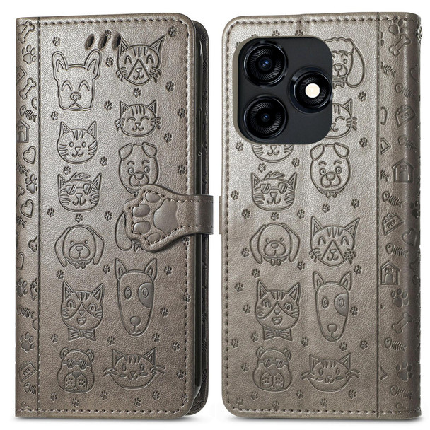 For Tecno Camon 18 Premier Cat and Dog Embossed Leatherette Phone Case(Gray)
