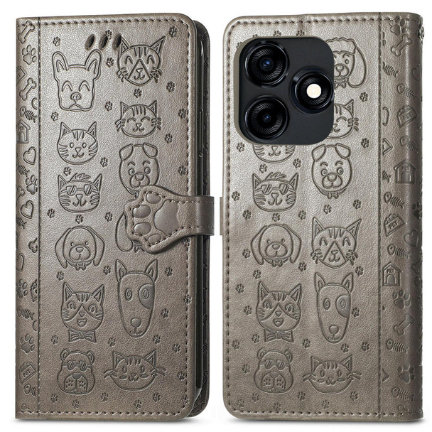 For Tecno Camon 18i Cat and Dog Embossed Leatherette Phone Case(Gray)