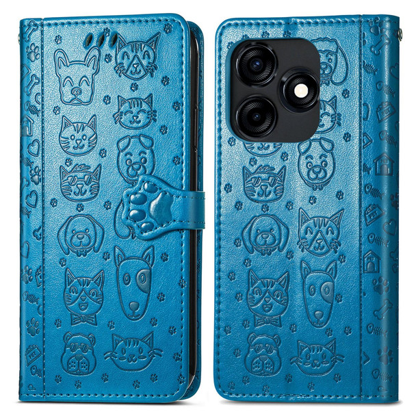 For Tecno Camon 18i Cat and Dog Embossed Leatherette Phone Case(Blue)