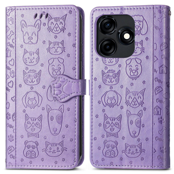 For Tecno Camon 18 Cat and Dog Embossed Leatherette Phone Case(Purple)