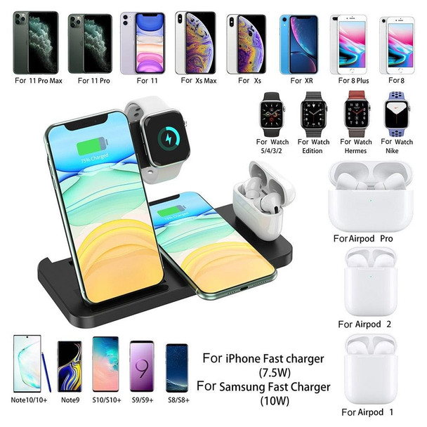 4-in-1 Foldable Desktop Mobile Phone Watch Earphones Wireless Charger(Black)