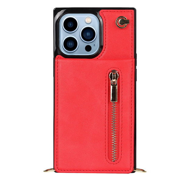 Cross-body Zipper Square Phone Case with Holder - iPhone 13 Pro(Red)