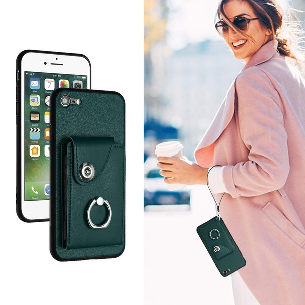 For iPhone SE 2022/SE 2020/6/7/8 Organ Card Bag Ring Holder PU Phone Case with Lanyard(Green)