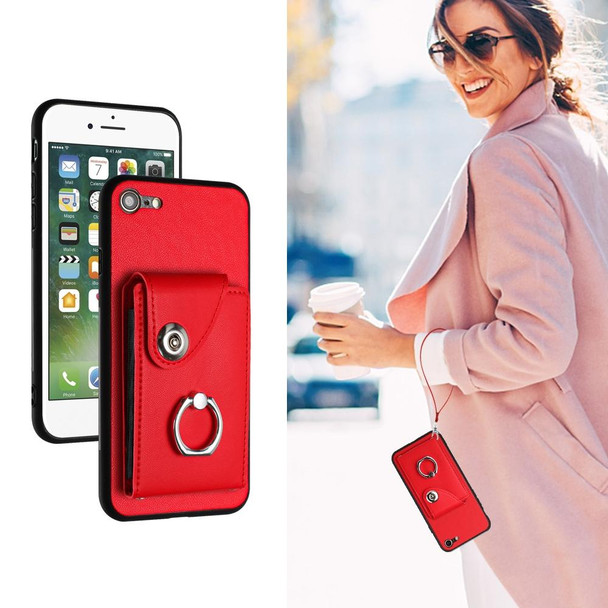 For iPhone SE 2022/SE 2020/6/7/8 Organ Card Bag Ring Holder PU Phone Case with Lanyard(Red)