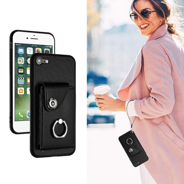 For iPhone SE 2022/SE 2020/6/7/8 Organ Card Bag Ring Holder PU Phone Case with Lanyard(Black)