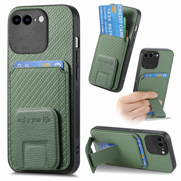 For iPhone 7 Plus / 8 Plus Carbon Fiber Card Bag Fold Stand Phone Case(Green)