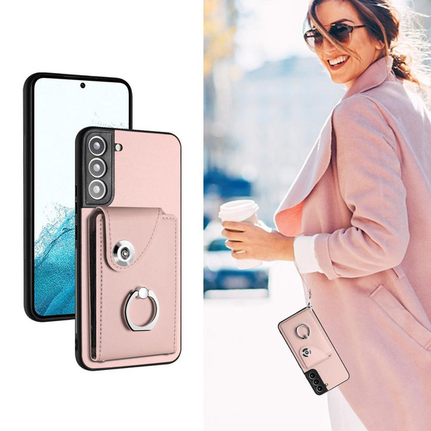 For Samsung Galaxy S22 5G Organ Card Bag Ring Holder PU Phone Case with Lanyard(Pink)