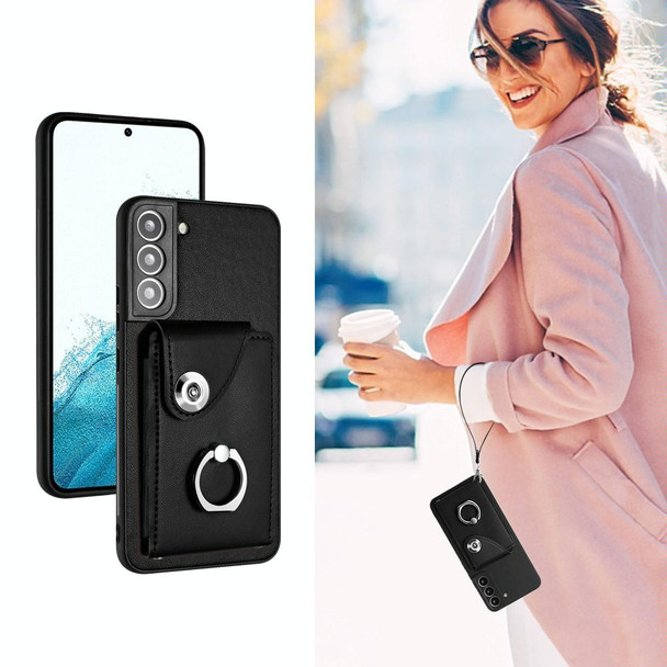 For Samsung Galaxy S22 5G Organ Card Bag Ring Holder PU Phone Case with Lanyard(Black)