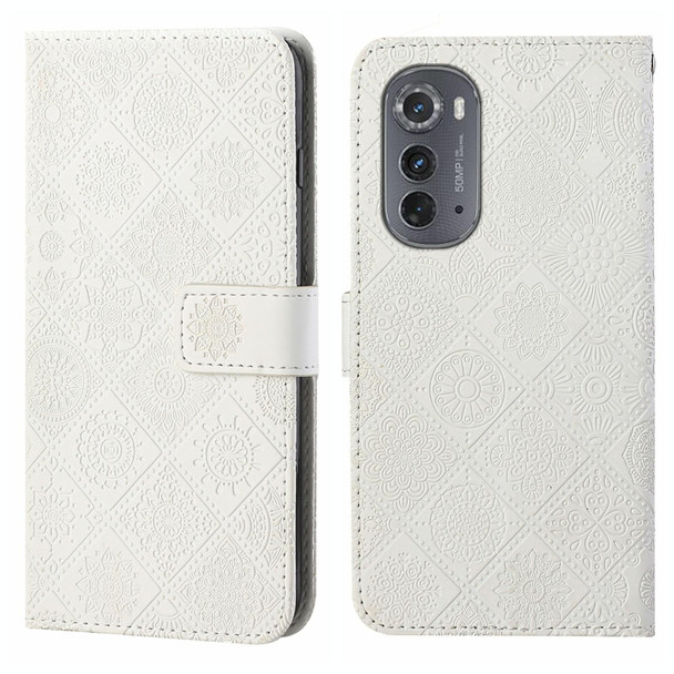 For Motorola Edge 2022 Ethnic Style Embossed Pattern Leatherette Phone Case(White)