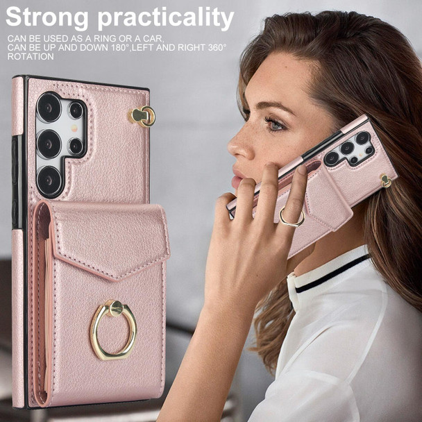 For Samsung Galaxy S24 Ultra 5G Ring Holder RFID Card Slot Phone Case(Rose Gold)