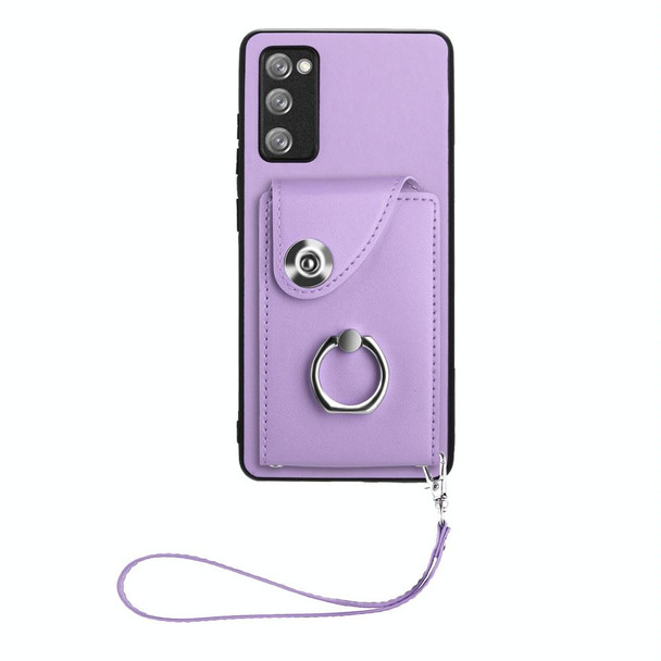 For Samsung Galaxy S20 FE Organ Card Bag Ring Holder PU Phone Case with Lanyard(Purple)