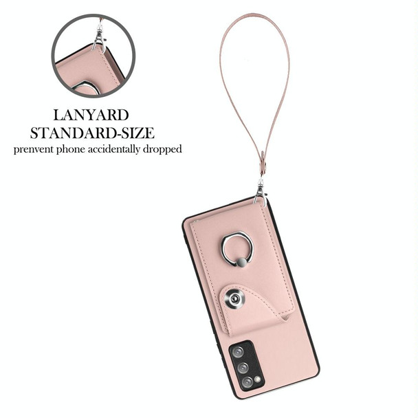 For Samsung Galaxy S20 FE Organ Card Bag Ring Holder PU Phone Case with Lanyard(Pink)