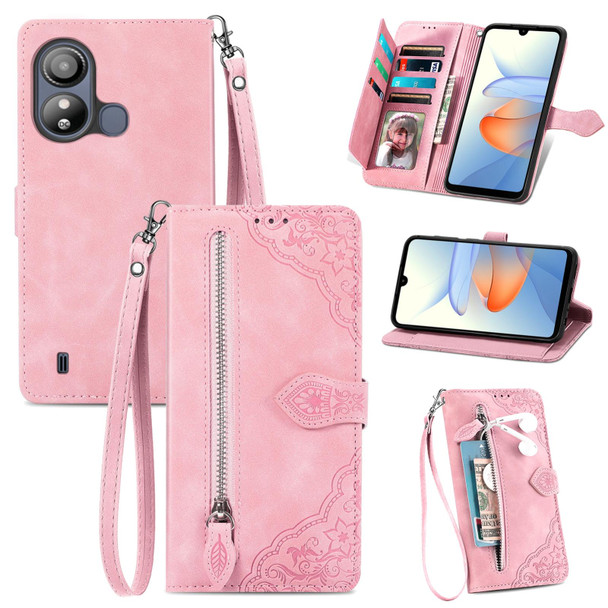 For ZTE Blade L220 Embossed Flower Zipper Leather Phone Case(Pink)