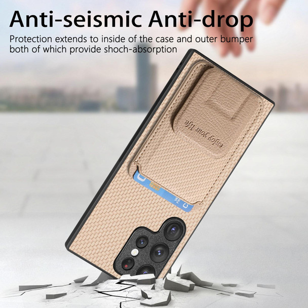 For Samsung Galaxy S23+ 5G Carbon Fiber Card Bag Fold Stand Phone Case(Khaki)