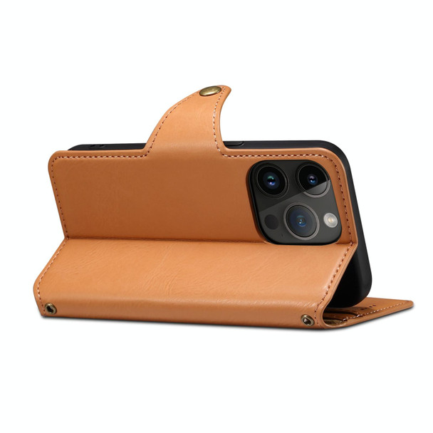 For iPhone 13 Pro Max Denior Cowhide Texture Wallet Style Leatherette Phone Case(Khaki)
