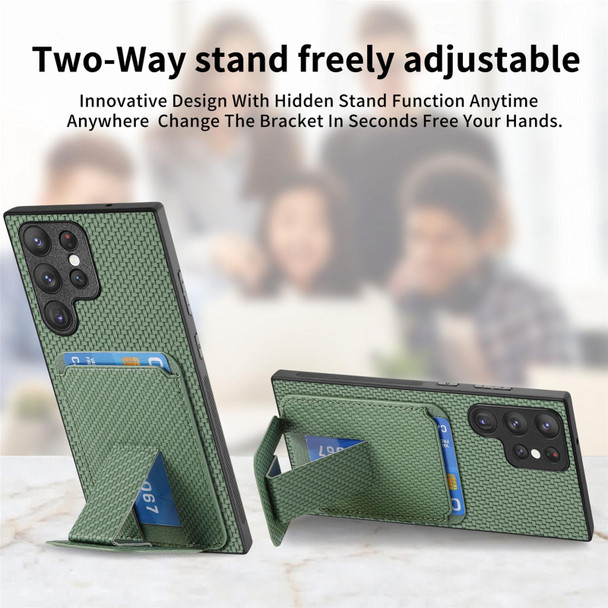 For Samsung Galaxy S22 Ultra 5G Carbon Fiber Card Bag Fold Stand Phone Case(Green)
