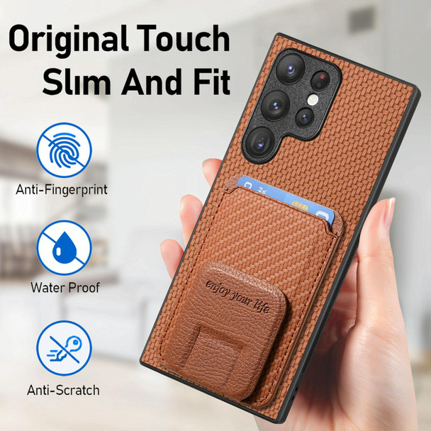 For Samsung Galaxy S21 5G Carbon Fiber Card Bag Fold Stand Phone Case(Brown)