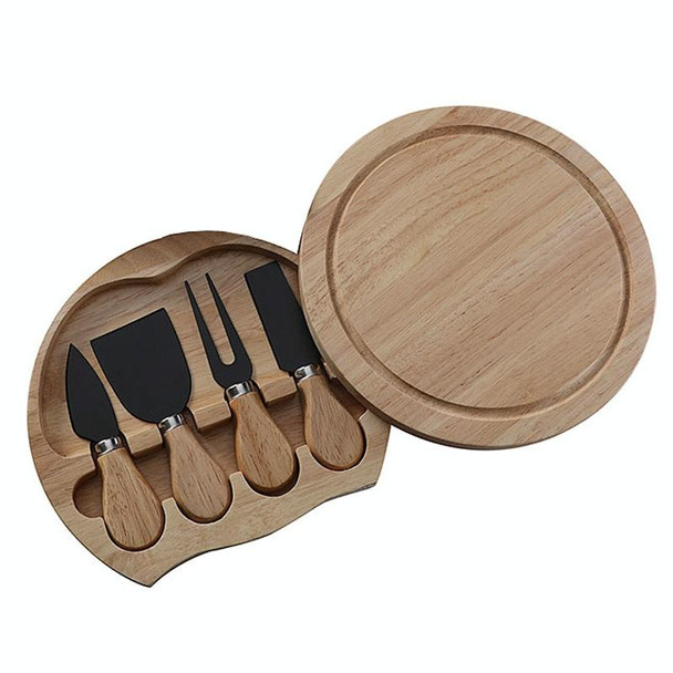 4pcs /Set Round Oak Box Cheese Knife Spatula Stainless Steel Cheese Tools Cutlery, Color: Black