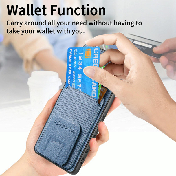 For Samsung Galaxy A22 5G Carbon Fiber Card Bag Fold Stand Phone Case(Blue)