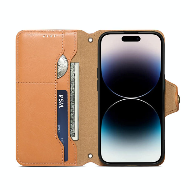 For iPhone 13 Pro Denior Cowhide Texture Wallet Style Leatherette Phone Case(Khaki)