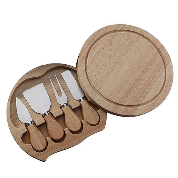 4pcs /Set Round Oak Box Cheese Knife Spatula Stainless Steel Cheese Tools Cutlery, Color: Steel Color