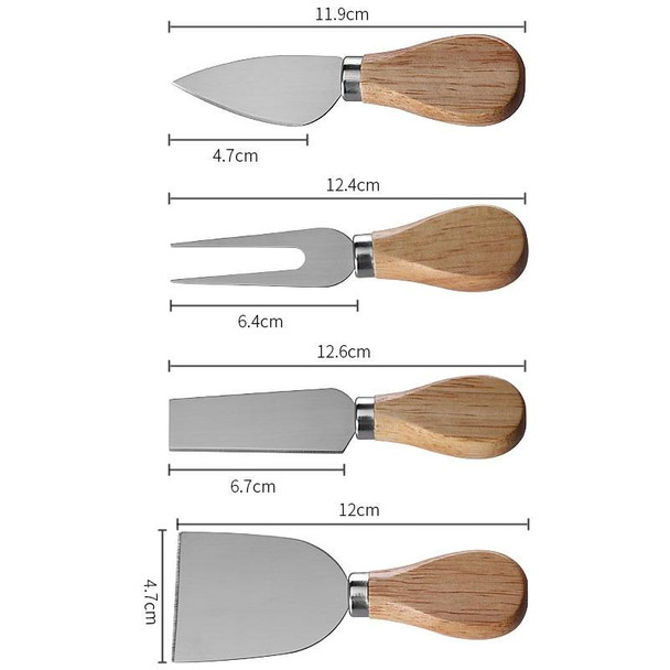 4pcs /Set Round Oak Box Cheese Knife Spatula Stainless Steel Cheese Tools Cutlery, Color: Steel Color