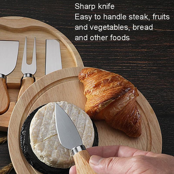 4pcs /Set Round Oak Box Cheese Knife Spatula Stainless Steel Cheese Tools Cutlery, Color: Steel Color