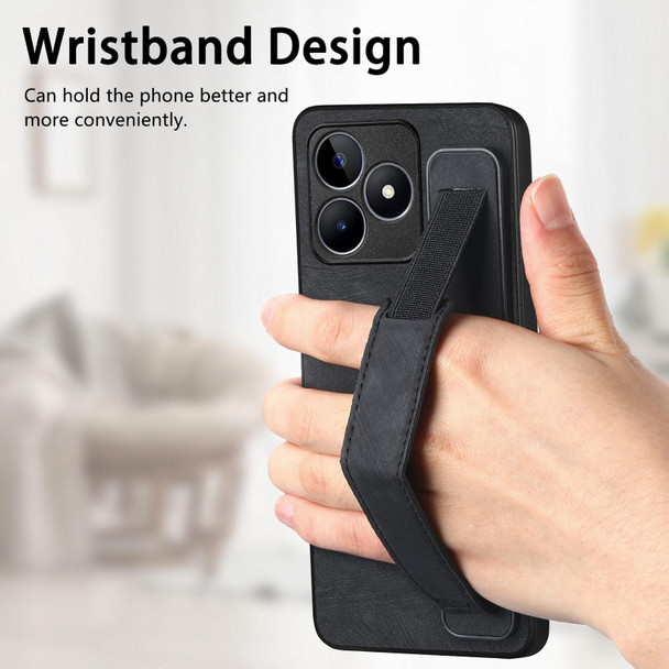 For Realme C53 Retro Wristband Holder Leatherette Back Phone Case(Black)