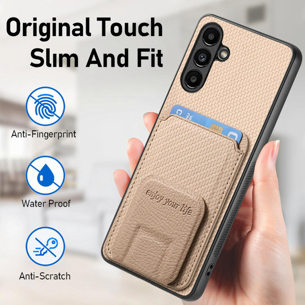 For Samsung Galaxy A14 4G/5G Carbon Fiber Card Bag Fold Stand Phone Case(Khaki)