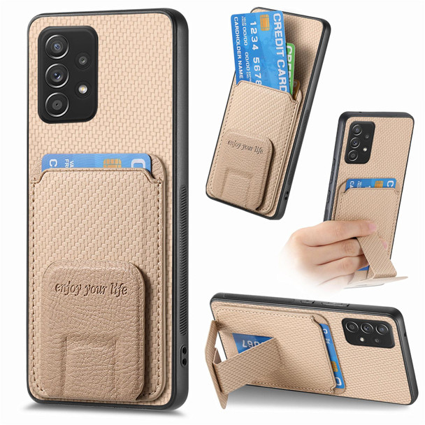 For Samsung Galaxy A32 5G Carbon Fiber Card Bag Fold Stand Phone Case(Khaki)