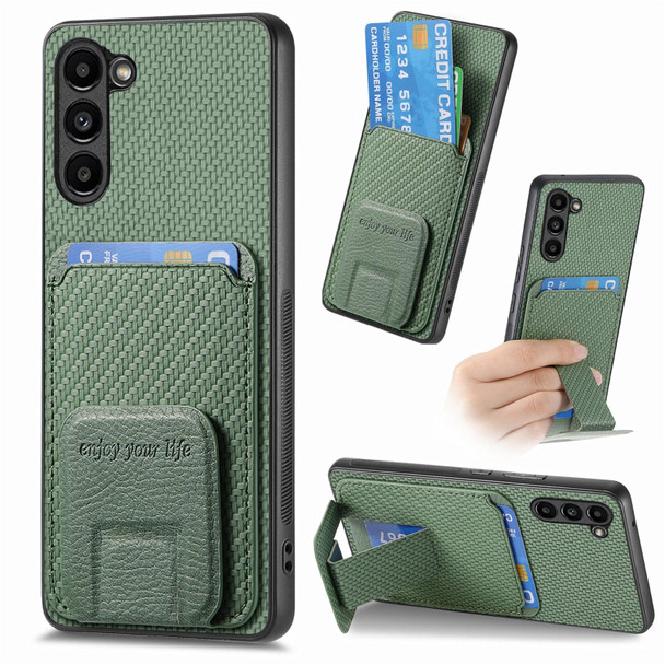 For Samsung Galaxy S21 5G Carbon Fiber Card Bag Fold Stand Phone Case(Green)