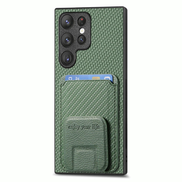 For Samsung Galaxy S21+ 5G Carbon Fiber Card Bag Fold Stand Phone Case(Green)