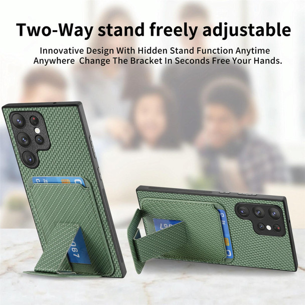 For Samsung Galaxy S21+ 5G Carbon Fiber Card Bag Fold Stand Phone Case(Green)