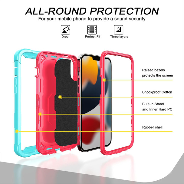 PC + Rubber 3-layers Shockproof Protective Case with Rotating Holder - iPhone 13 Pro Max(Mint Green + Rose Red)