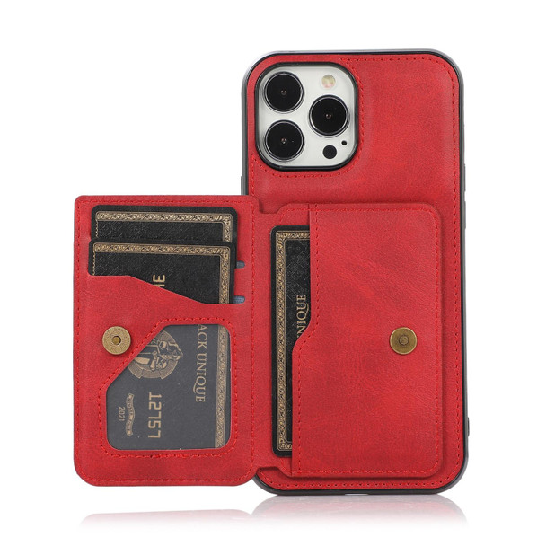 Calf Texture Magnetic Card Bag PU Shockproof Case with Holder & Card Slot - iPhone 13 Pro Max(Red)