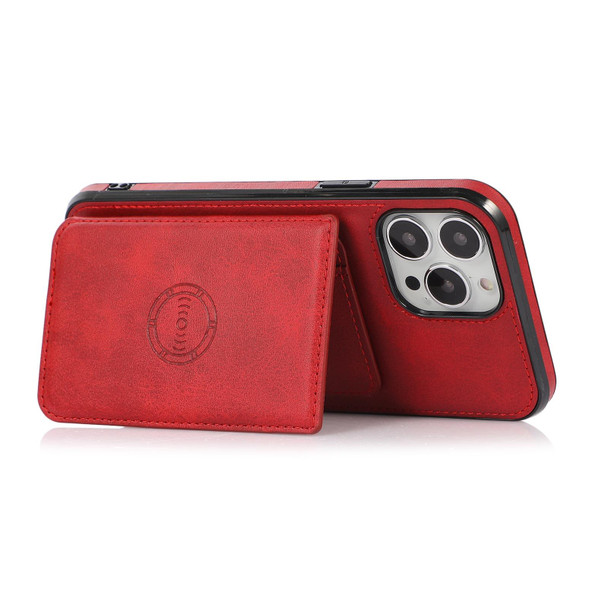 Calf Texture Magnetic Card Bag PU Shockproof Case with Holder & Card Slot - iPhone 13 Pro(Red)