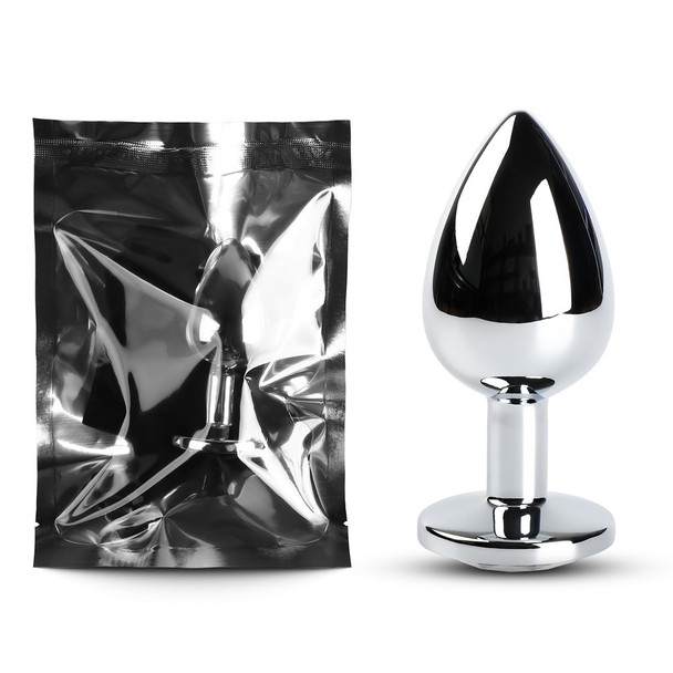 Silver Anal Plug with Clear Diamond - L