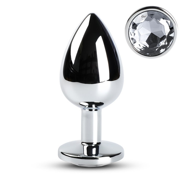 Silver Anal Plug with Clear Diamond - L