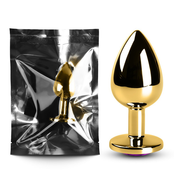 Golden Metallic Anal Plug with Purple Diamond - L