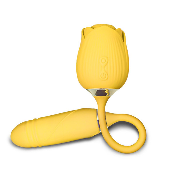 10 Speed Clitoral Sucking Rose with Thrusting Vibrator - Yellow