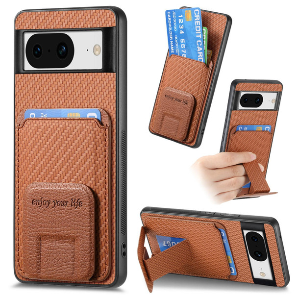 For Google Pixel 6 Pro Carbon Fiber Card Bag Fold Stand Phone Case(Brown)